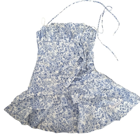 Floral Print Layered Tiered Ruffle Hem Halter Mini Dress Blue White NWT sz M Zip - Picture 6 of 16